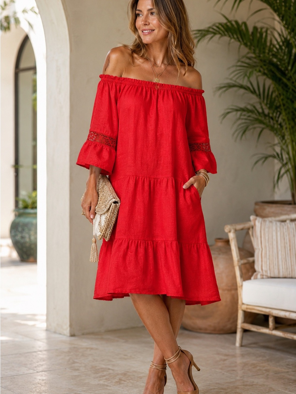 Women's Off-Shoulder Red Tiered Mini linen Dress with Lace Sleeve Detail
